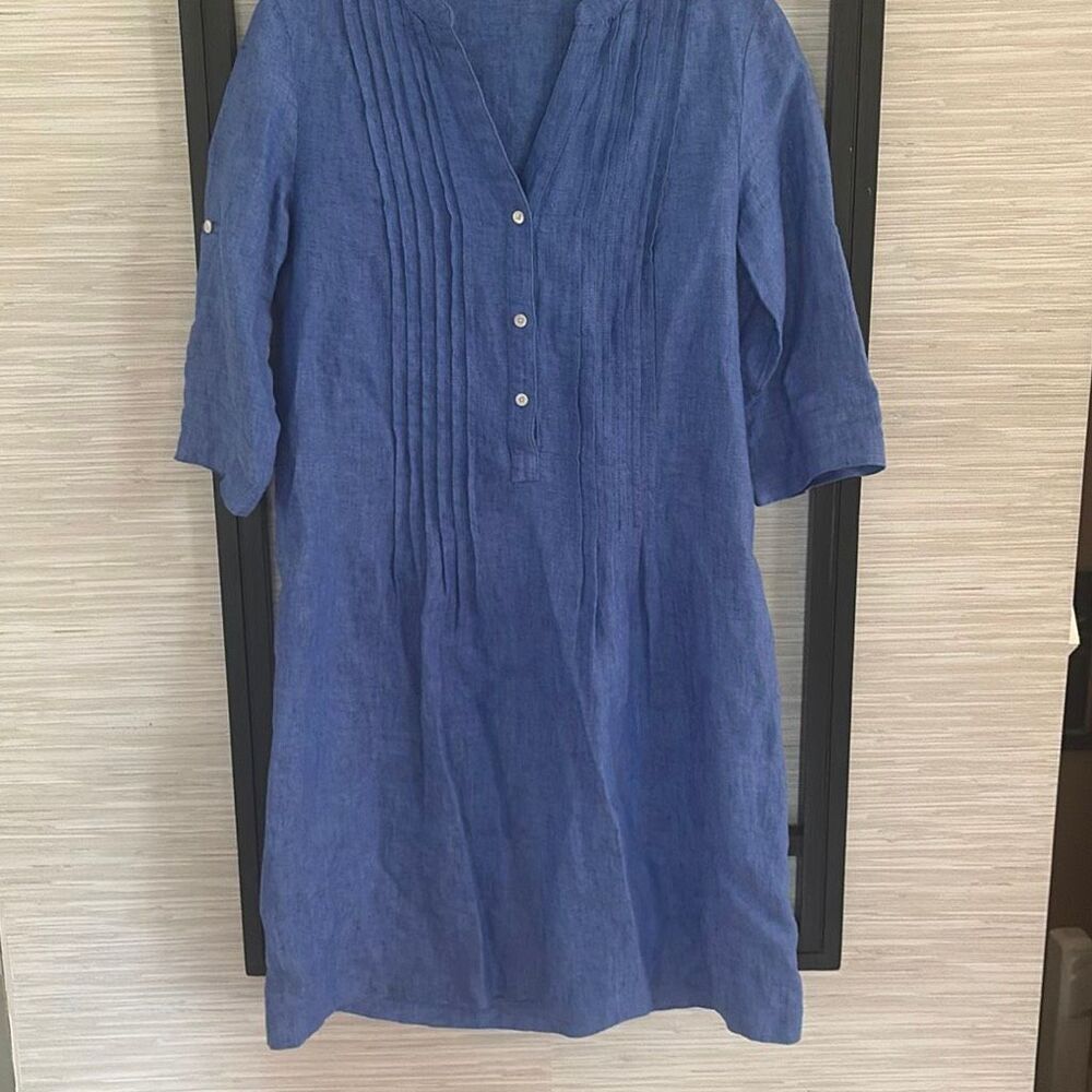 J Mc Laughlin 100% linen blue three-quarter sleeve dress with pin tuck size XS o